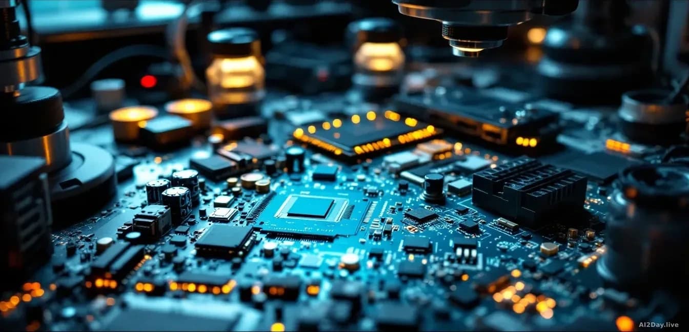 A security laboratory with circuit boards and computer chips displayed under magnification equipment, a security engineer examining components with professional