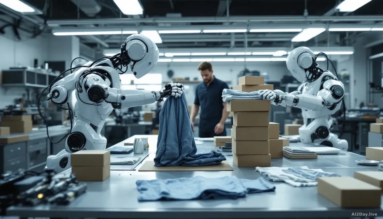 A robotics laboratory with robotic arms and hands demonstrating cloth manipulation tasks, folded clothing and stacked boxes visible, motion-capture equipment an