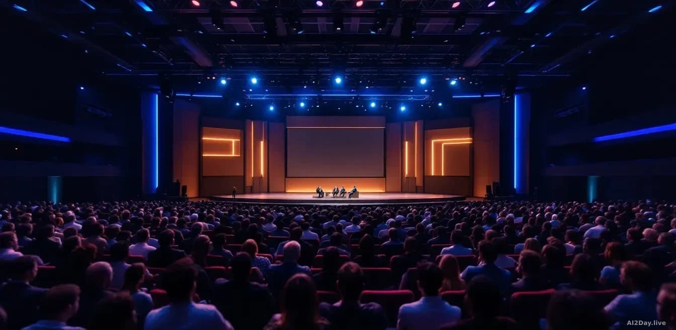 Illustration: A large conference hall or auditorium filled with technology industry leaders and executives seated