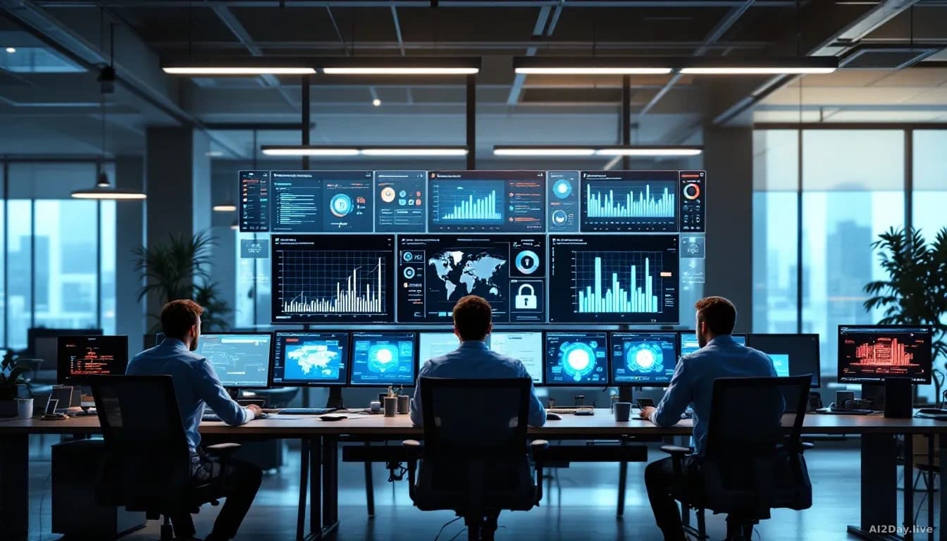 A corporate office environment with IT security professionals at workstations monitoring systems, data visualizations on large displays showing security metrics