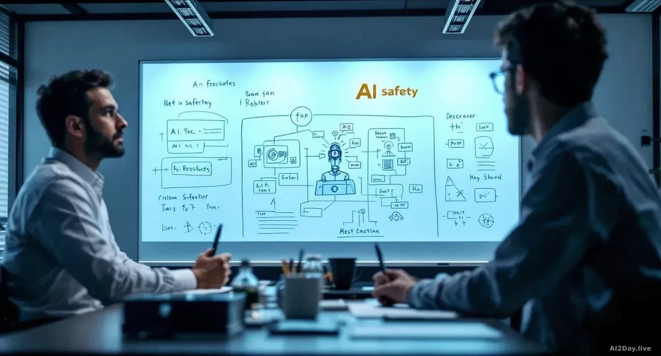 A conference room or laboratory where researchers discuss AI safety concerns, whiteboards with diagrams and notes, serious expressions, professional technical e