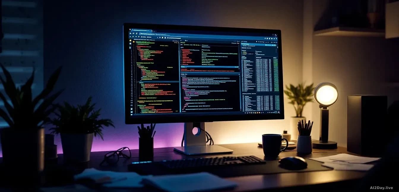 A home office desk setup with a computer showing website backend interface and server logs, dimly lit with screen glow as primary light source, papers and techn