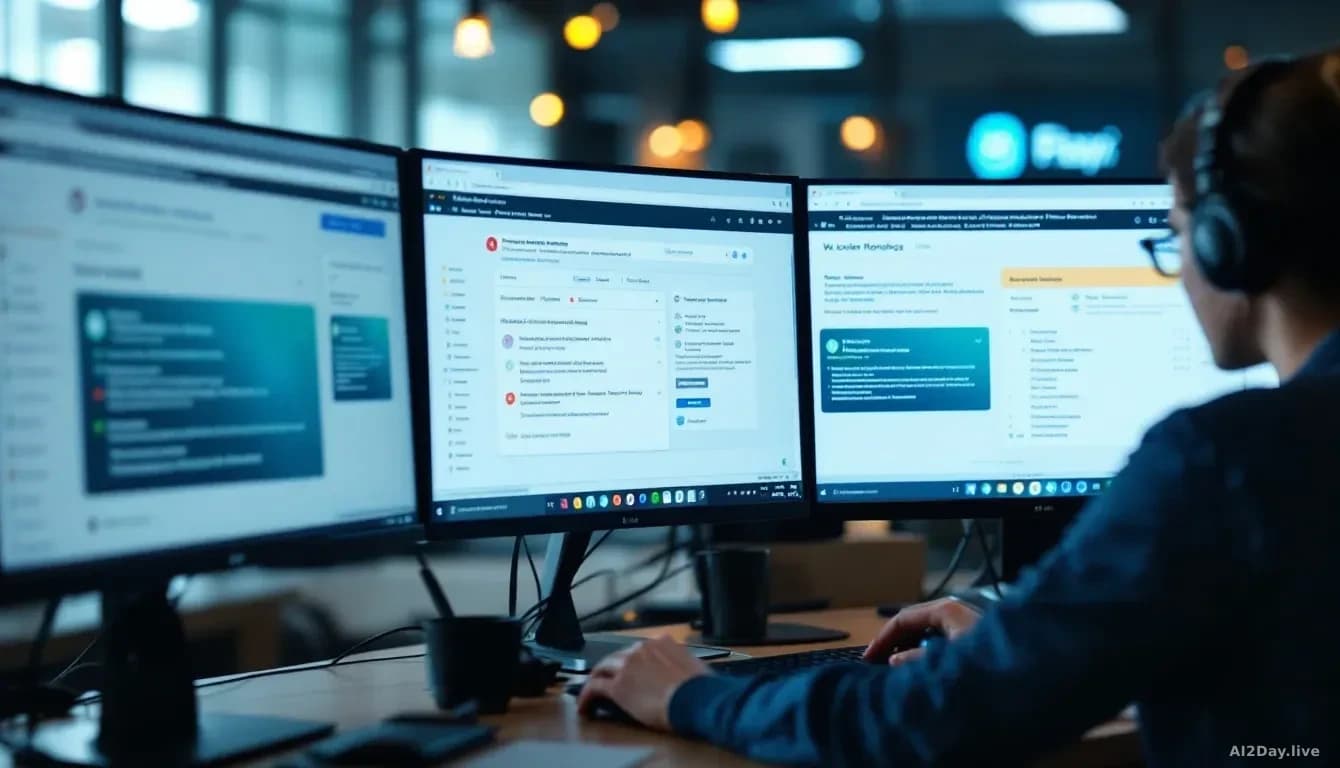 A computer workstation showing website content and moderation panels on multiple screens, with error notifications and alert messages visible, professional offi