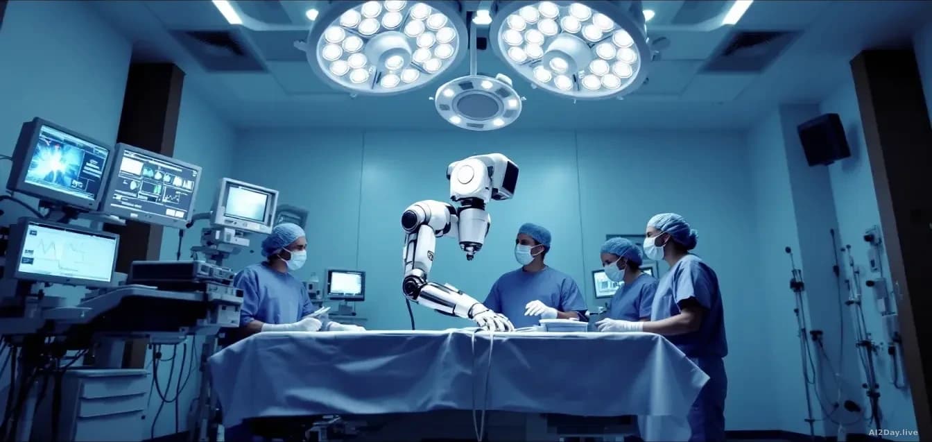 A modern operating room with surgical lights overhead, a sophisticated robotic surgical system positioned over an operating table, medical monitors displaying r