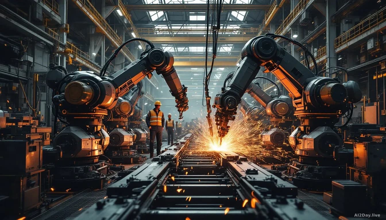 Interior of a military manufacturing facility with industrial robotic arms operating on an assembly line, sparks flying from welding operations, workers in safe
