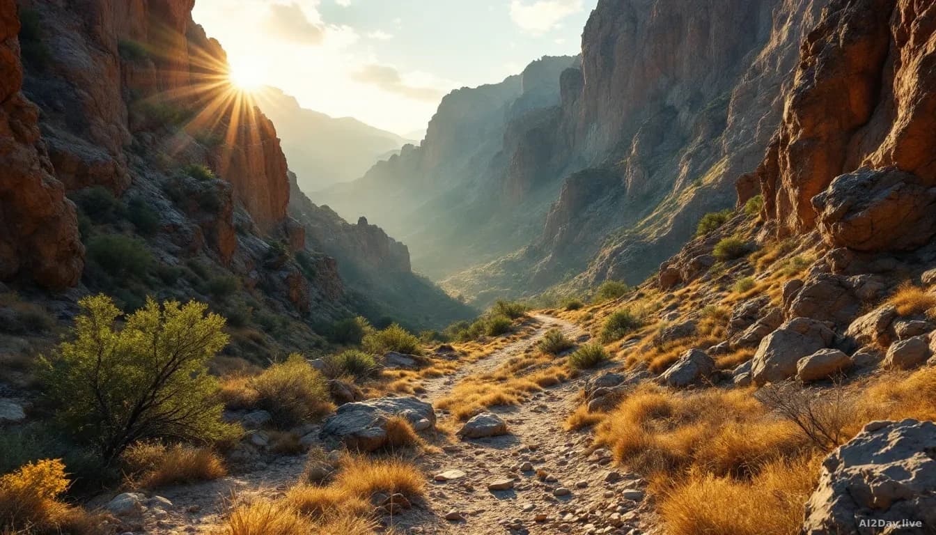 A rugged canyon landscape with steep rocky walls and sparse vegetation, golden afternoon light creating shadows, a hiking trail visible winding through the terr