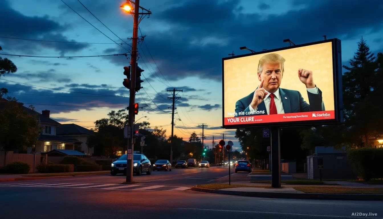A residential street corner in an urban Australian suburb at dusk, with a digital billboard or mobile phone in foreground showing political advertising content,
