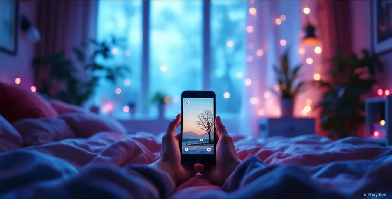 Illustration: A teenager's bedroom with smartphone and social media apps visible on screen