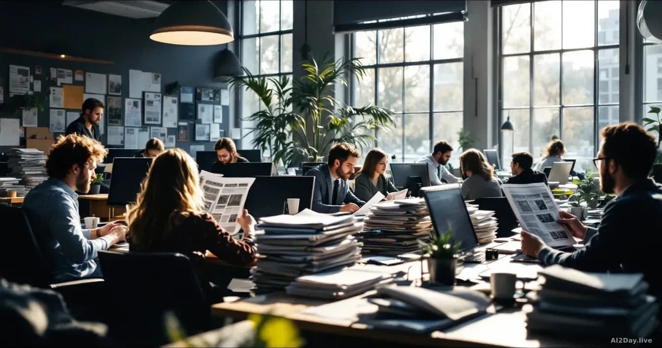 A newsroom with reporters at desks with computers and stacks of printed newspapers, some holding pages up to read, natural daylight from large windows creating 
