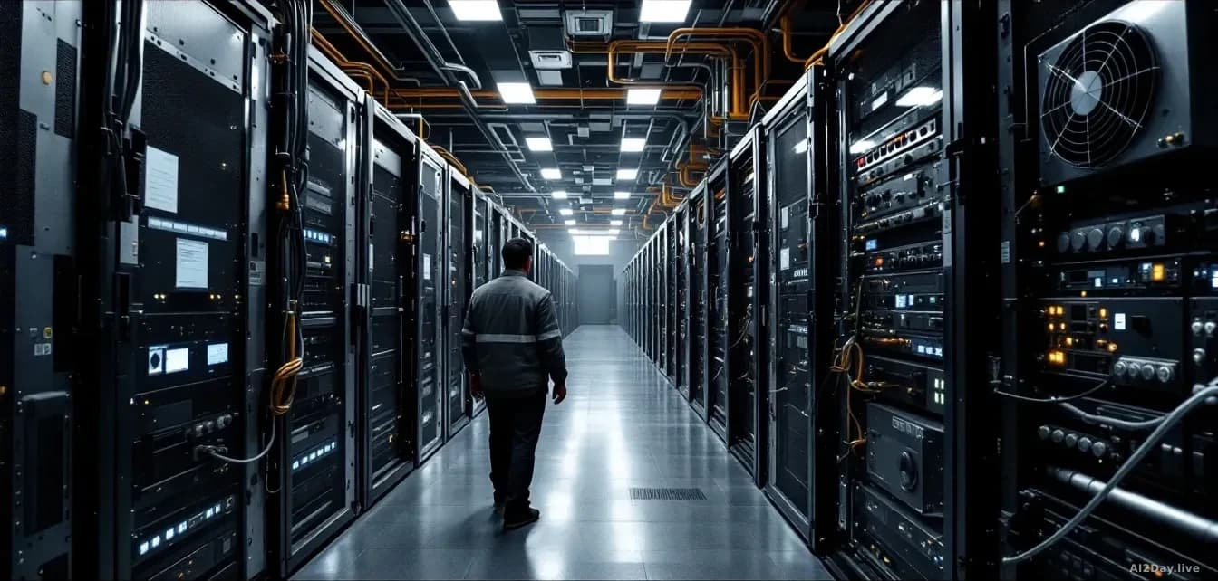 Interior of a sprawling data center warehouse with rows of metal equipment racks and cooling systems, focus on industrial electrical components and bundled cabl