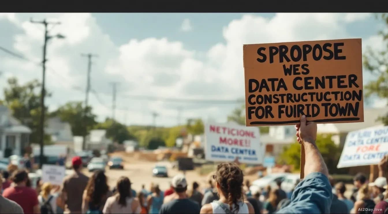 A proposed data center construction site in an American town, with local residents and community leaders holding signs expressing concerns about infrastructure 