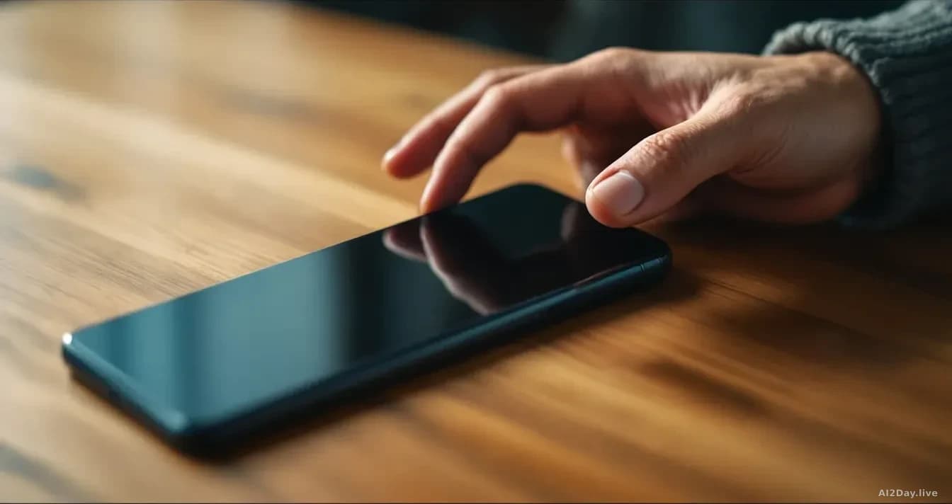 A smartphone user's hand hovering over an older phone model they've returned to using, with the newer AI-enhanced device abandoned on a table beside it, showing