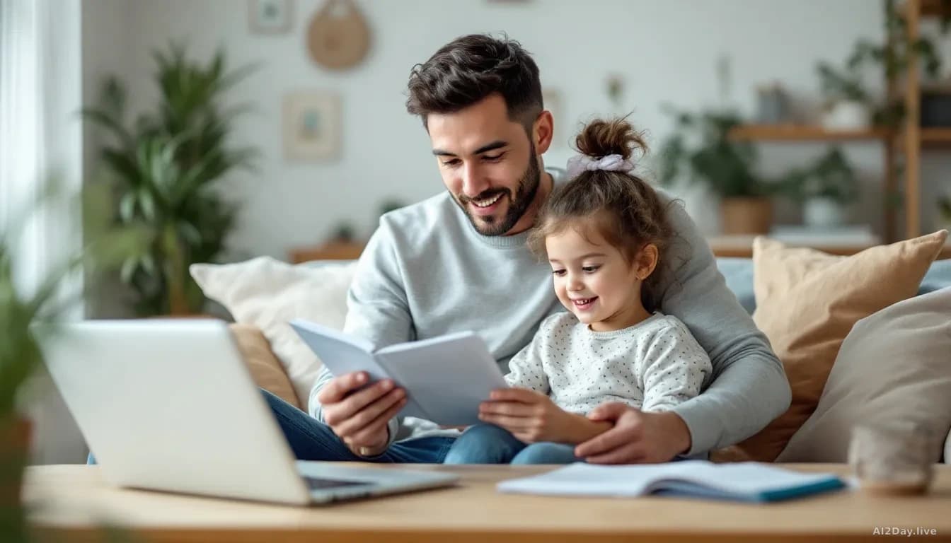 A father and child sitting together looking at a printed story on paper or screen, with a laptop nearby showing an AI chatbot interface that helped complete an 