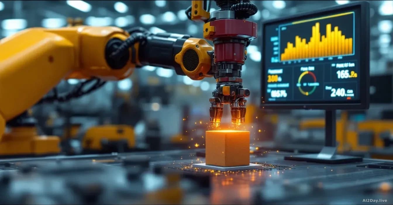 A robotic gripper in motion making contact with an object on a factory floor, with pressure sensor readouts displaying on an adjacent monitor showing real-time 