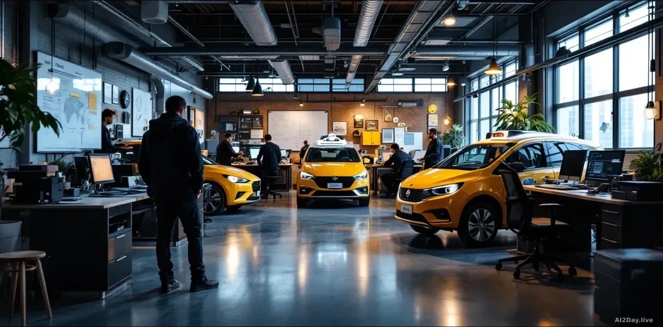 A secretive tech startup office where engineers work on autonomous vehicle systems, with autonomous taxi mockups and self-driving technology on display, showing