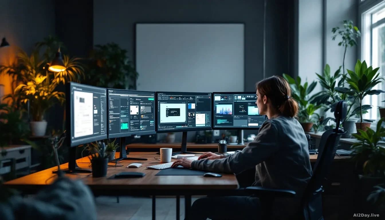 A creative design studio where human designers work at their desks with AI-generated mockups and grunt work outputs displayed on screens beside them, focusing o