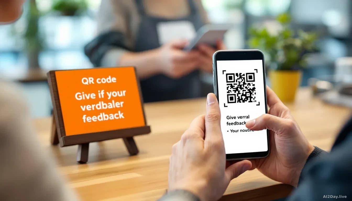 A customer service desk with a QR code printed on a placard, where a person holds up their phone to scan it, preparing to give verbal feedback instead of fillin