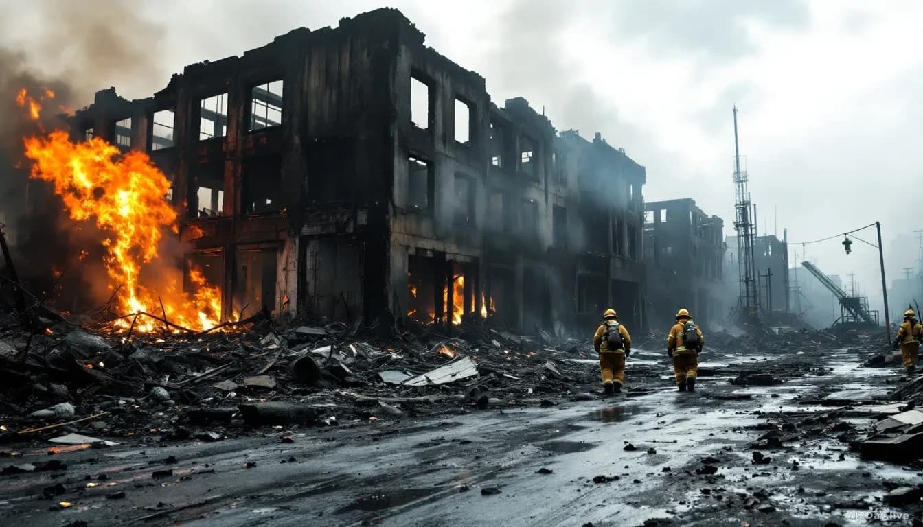 Firefighters in full gear navigating through the charred ruins of a partially-constructed data center in New York, with destroyed backup power systems and non-f
