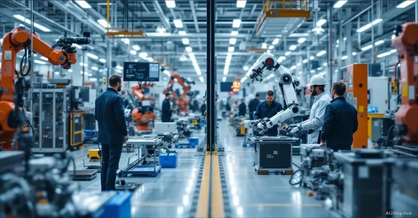 A divided factory floor scene showing American-made robots operating on one side and foreign-manufactured robotics on the other, with facility managers and engi