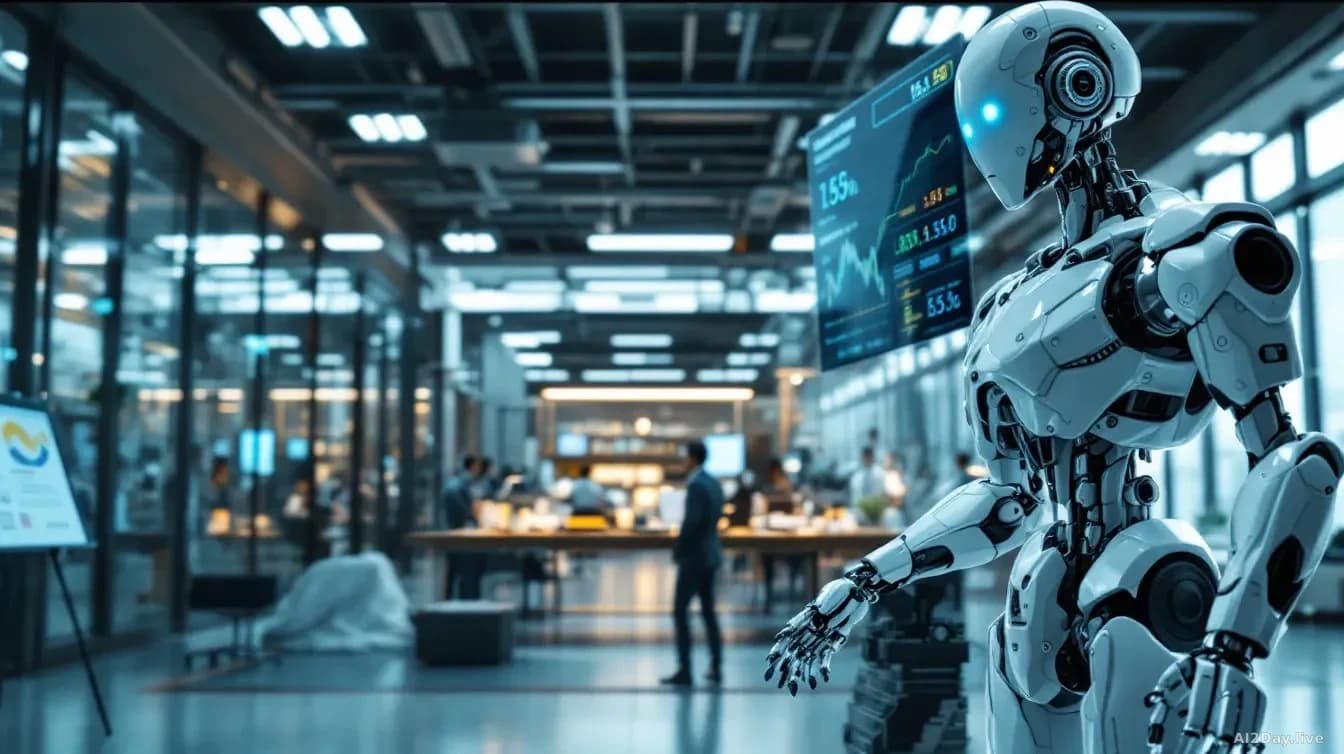 A humanoid robot prototype standing in a research facility showroom, with financial documents and stock prospectuses displayed on a nearby presentation board sh