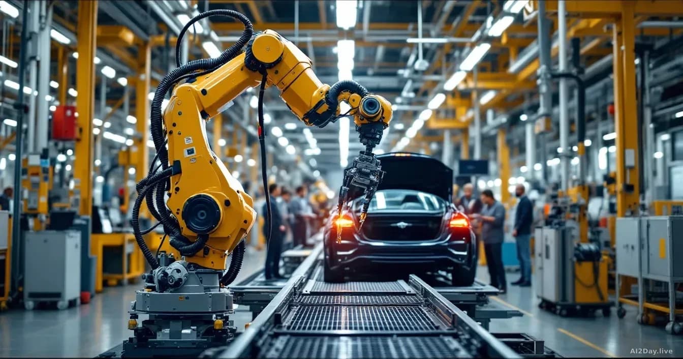 Inside a major automotive assembly plant, an industrial robot arm performs precision tasks on a vehicle production line, with factory floor staff monitoring its