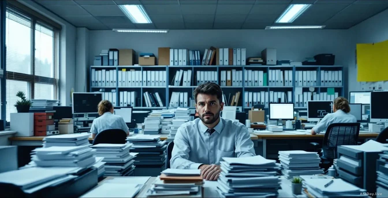 A NHS patient records office with filing systems and computer terminals, where forms requesting medical data withdrawal are stacked on a desk beside concerned s