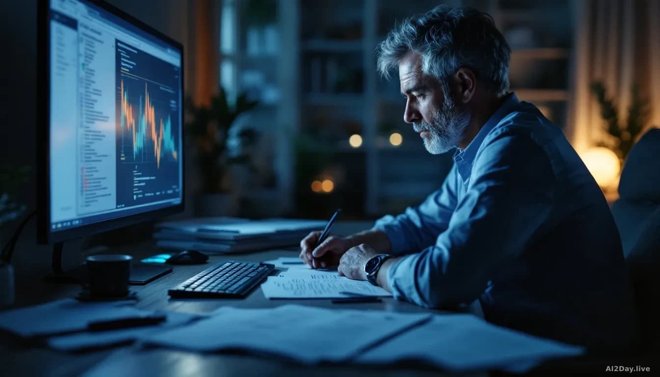 A tired out-of-hours GP reviewing patient notes on a computer screen late at night, with handwritten notes and a colleague's summary pages spread nearby, compar
