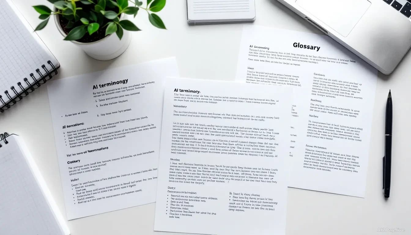 A minimalist educational scene showing printed AI terminology cards and glossary sheets spread across a clean desk with a pen and notebook, illustrating plain-E