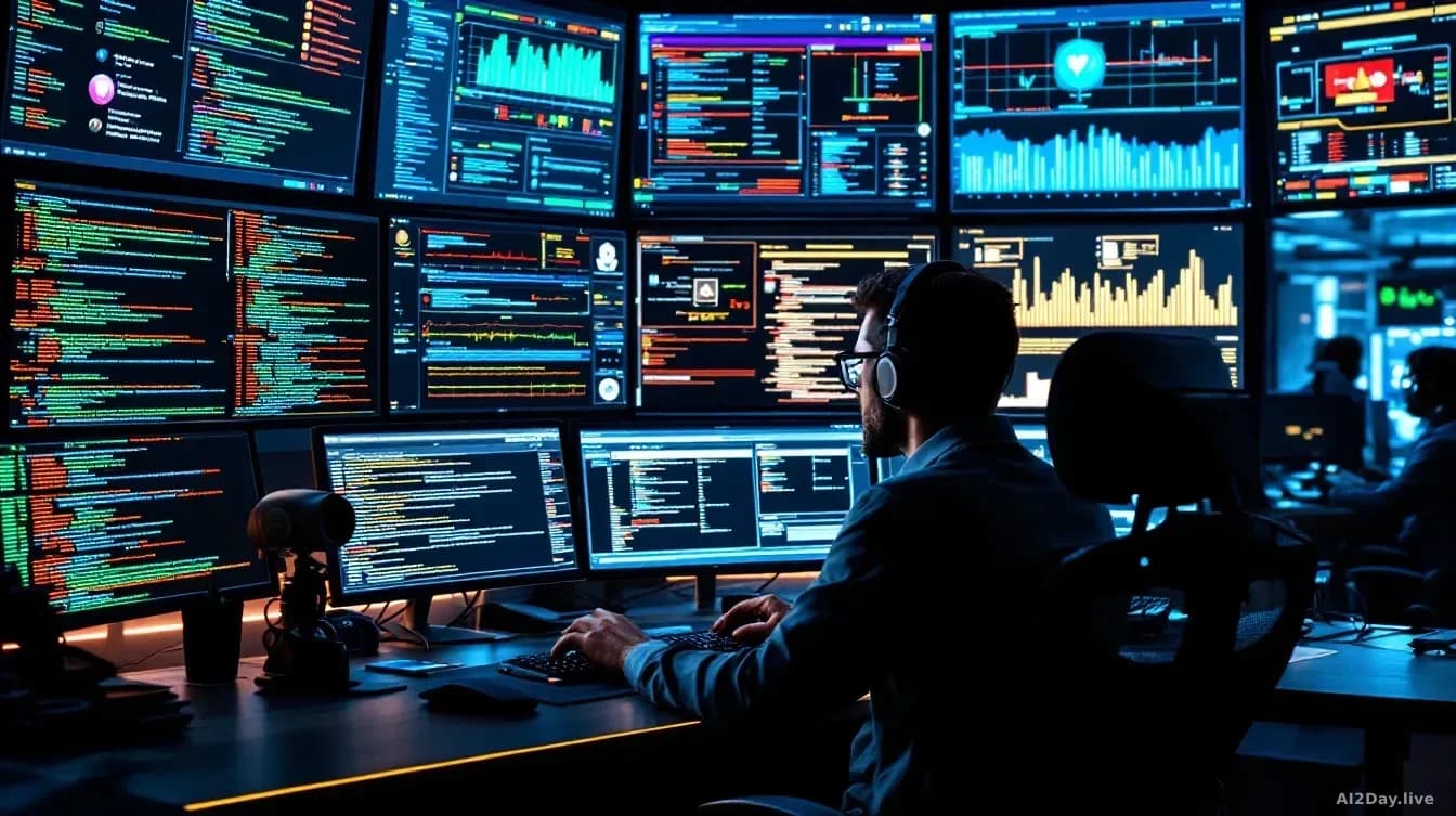 A cybersecurity operations center filled with multiple screens displaying network traffic, threat indicators, and defensive protocols, where a highly-compensate