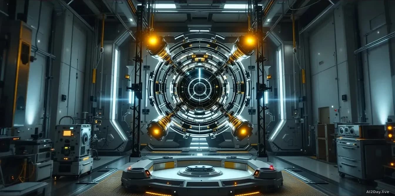 Inside a high-tech laboratory, a suspended mirror-based gravitational wave detector arrangement glows with calibration lights, surrounded by precision optical e