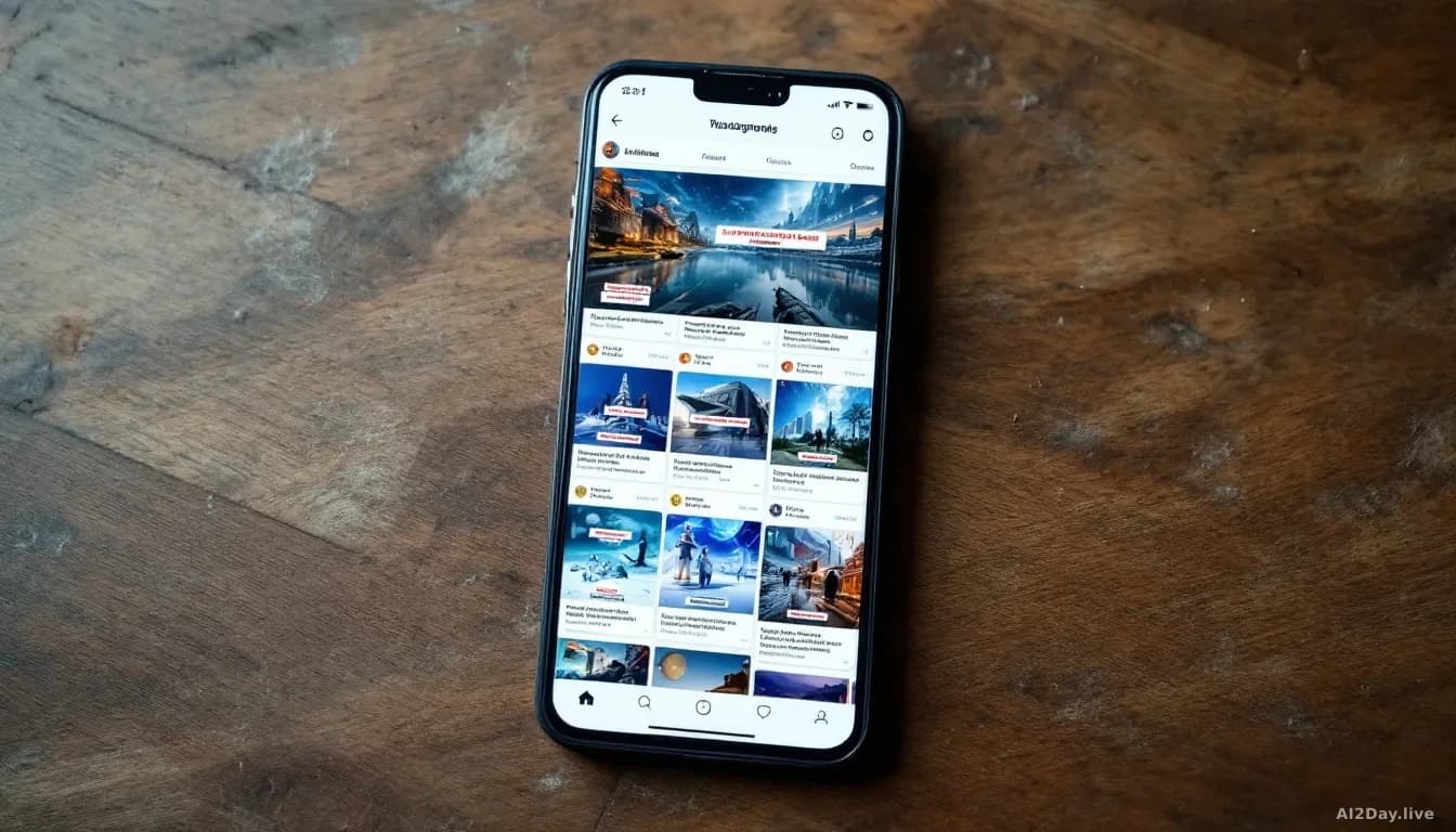 A social media feed on a smartphone with multiple AI-generated synthetic images visible, marked with warning badges or removal notices, representing the cleanup