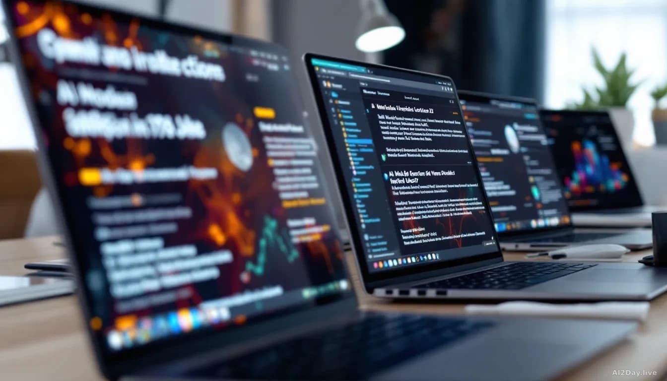 Multiple laptops arranged in a row on a desk, each displaying different AI model release announcements and version updates cascading across the screens simultan