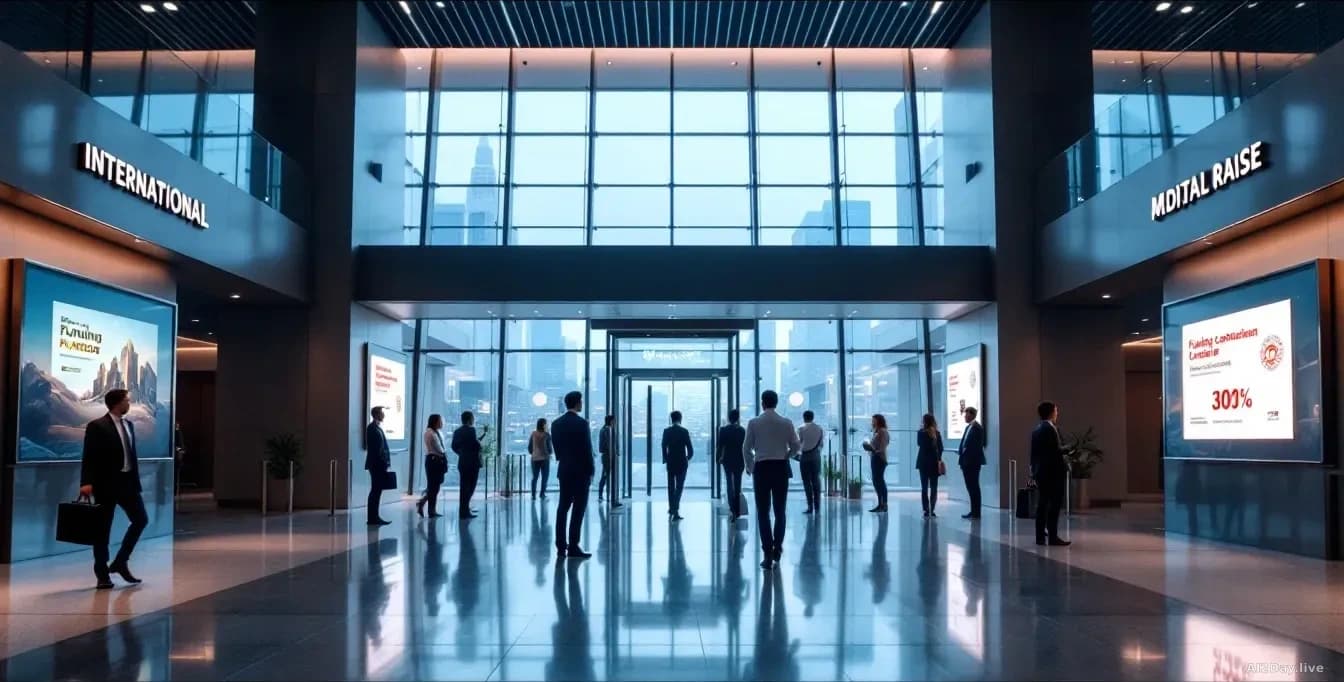 A modern office building lobby with international signage and professionals from different regions entering, with funding announcement displays visible on inter