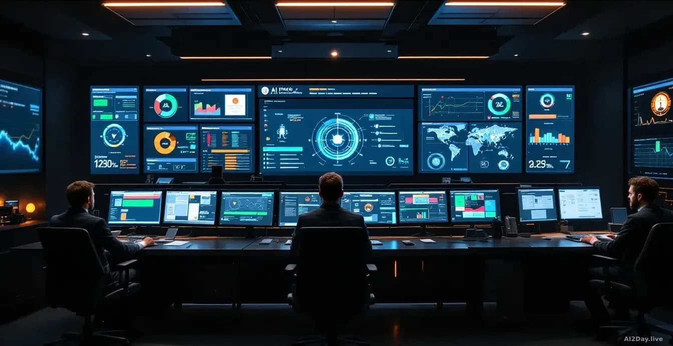 A corporate security operations center with multiple analysts at workstations monitoring AI-related threat dashboards, some showing green confidence indicators 