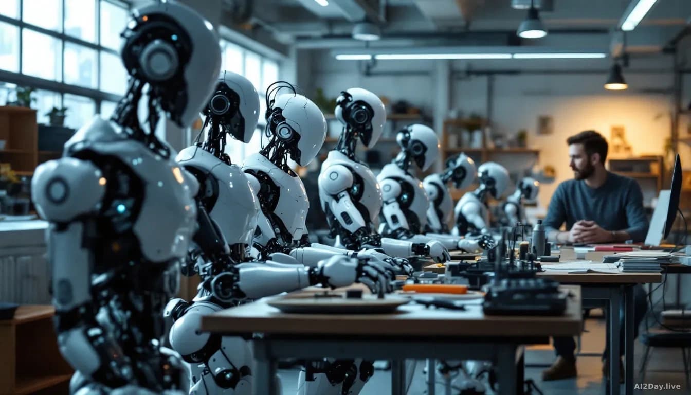 A startup workshop filled with several humanoid robot prototypes in various stages of assembly and testing, with a researcher working nearby in a compact, focus
