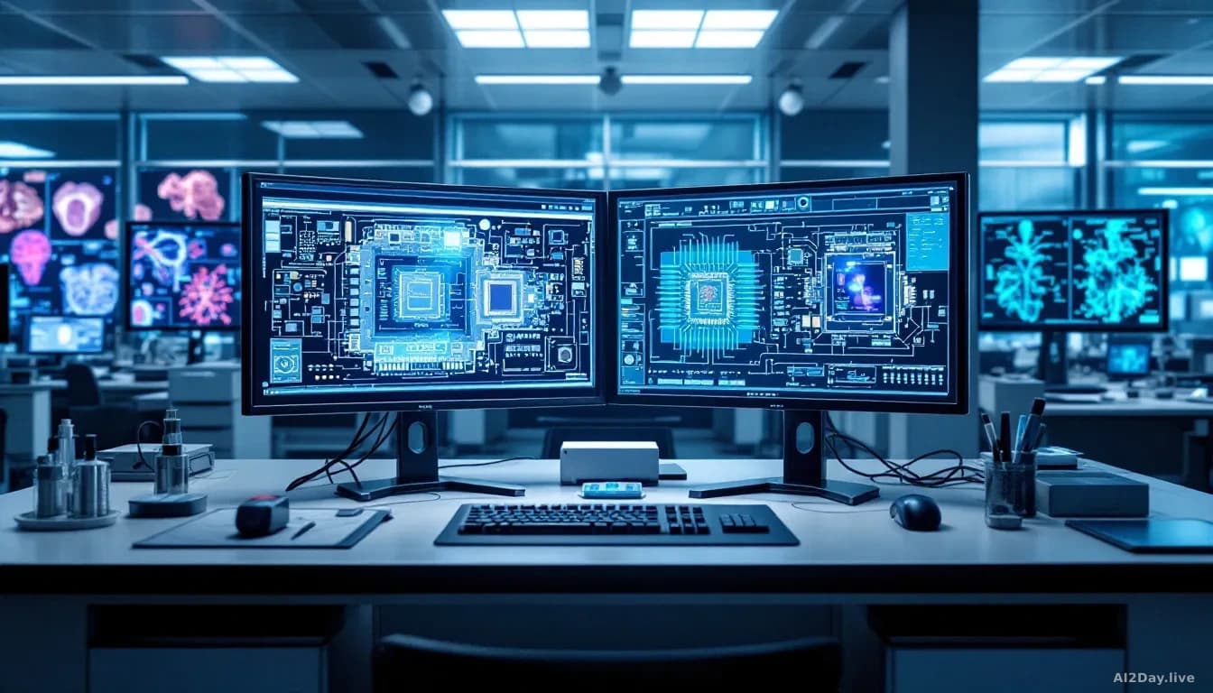 A semiconductor design laboratory with chip architecture schematics on displays and biological research imagery in the background, suggesting the intersection o