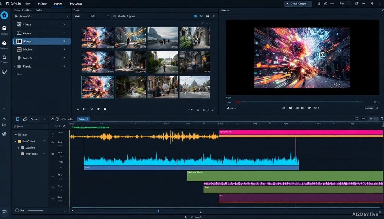 A video editor's workspace showing the timeline view with AI-generated video clips and audio waveforms integrated seamlessly within the editing interface, no ex