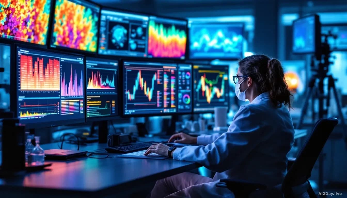 A research lab where scientists examine genomic data displayed across high-resolution monitors, with colorful heat maps showing genetic variant predictions and 