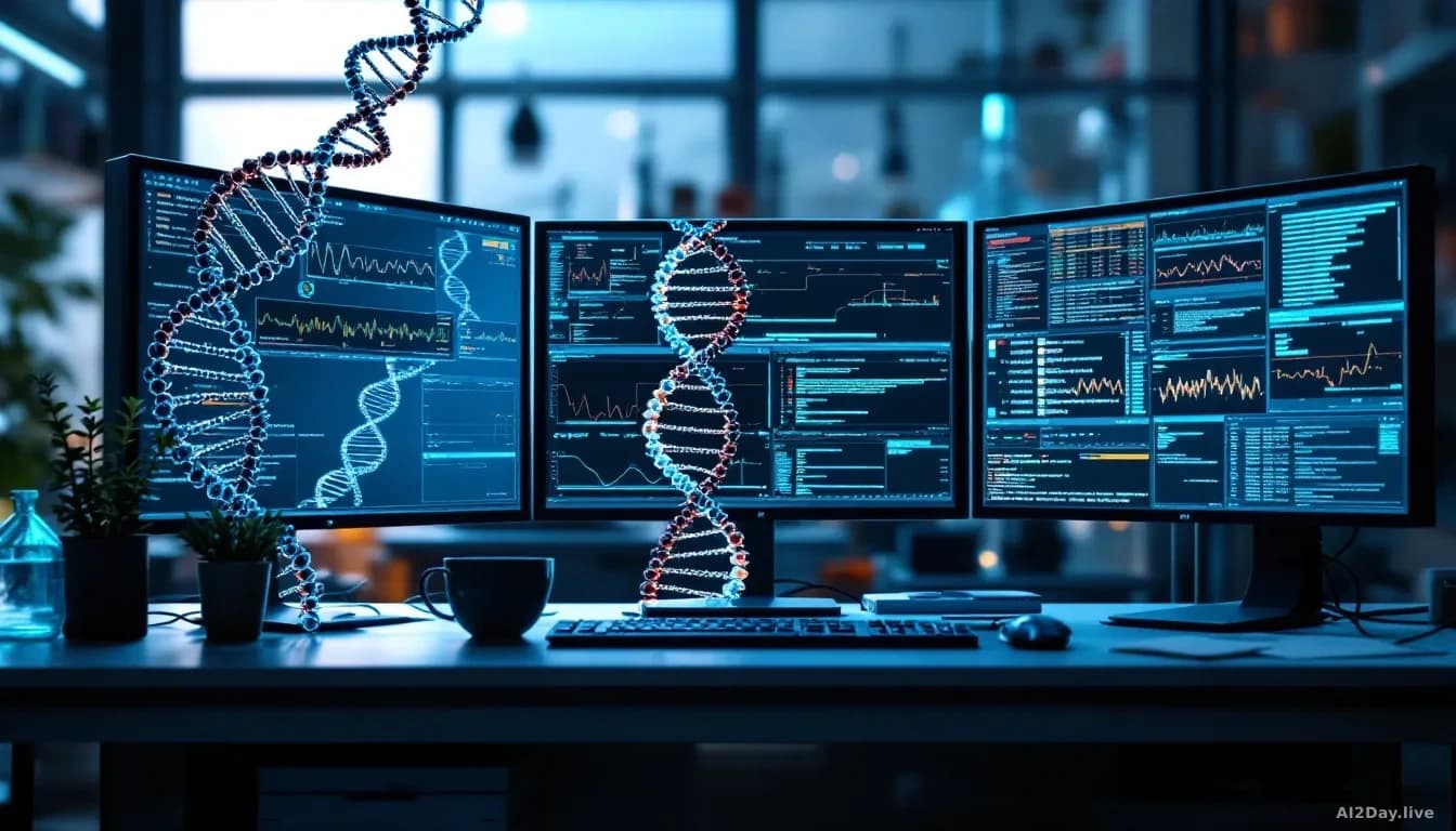 A laboratory workspace with DNA helix models and genetic sequence visualizations displayed on multiple monitors, showing vast datasets of genetic information ma