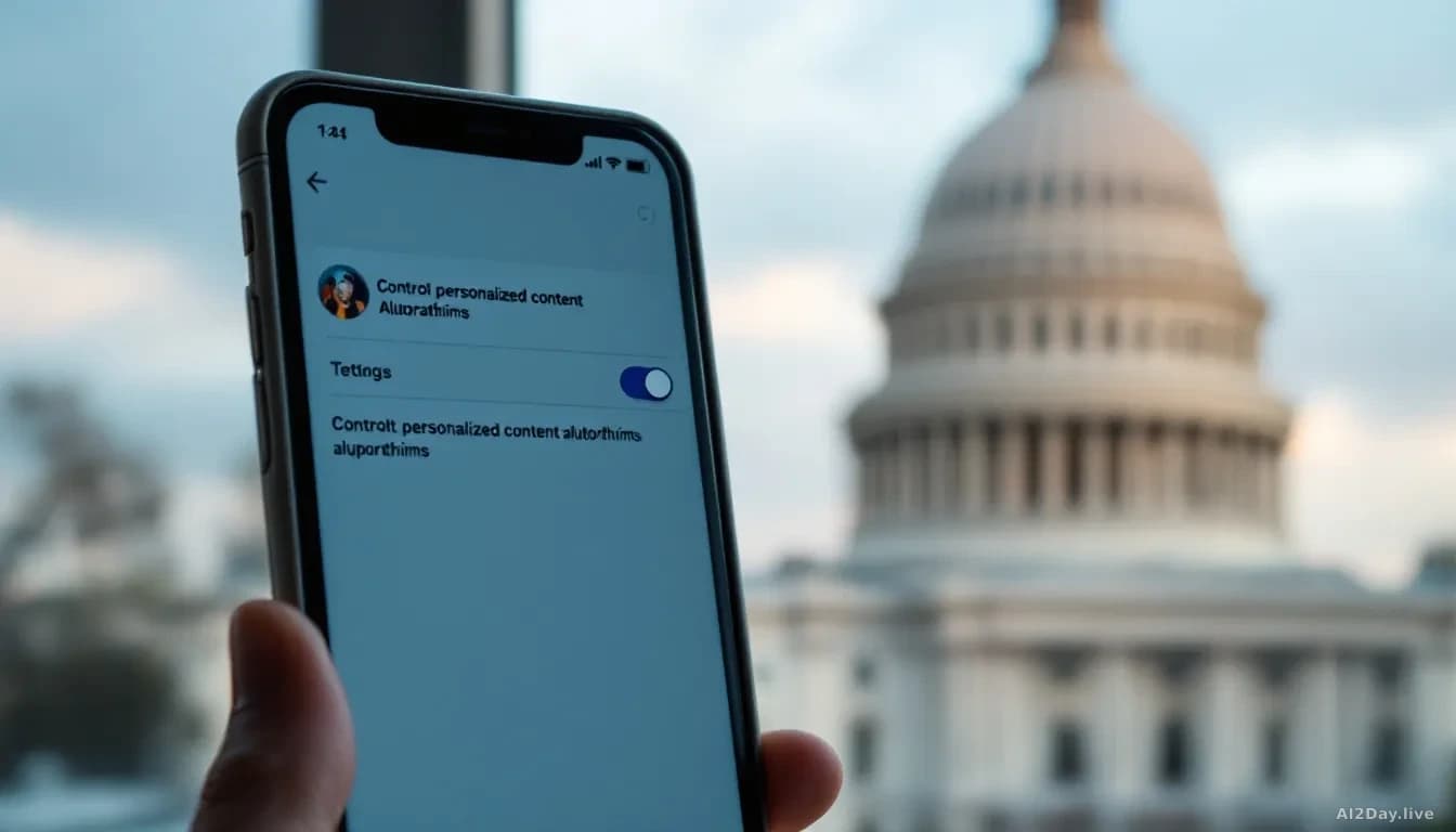 A smartphone screen displaying a social media feed with a prominent toggle switch visible in the settings, labeled to control personalized content algorithms, w