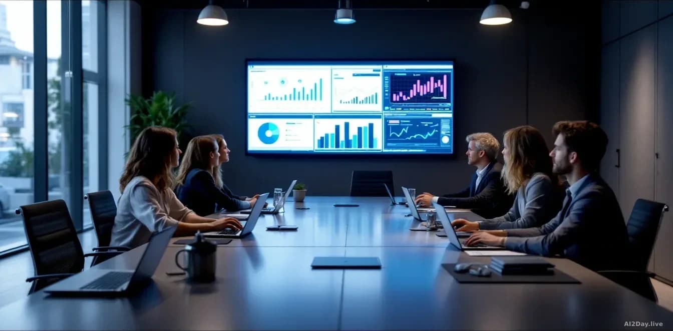 A conference room where corporate employees from different companies sit together at a large table with laptops and AI-related charts displayed on screens, duri