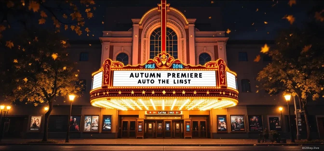 A movie theater marquee at night with festival banners hanging nearby, showing autumn premiere preparations without displaying specific titles or names
