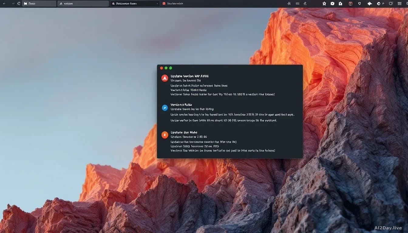 A browser window refreshing with visible update notifications stacking up in the corner, showing rapid version number changes against a clean desktop background