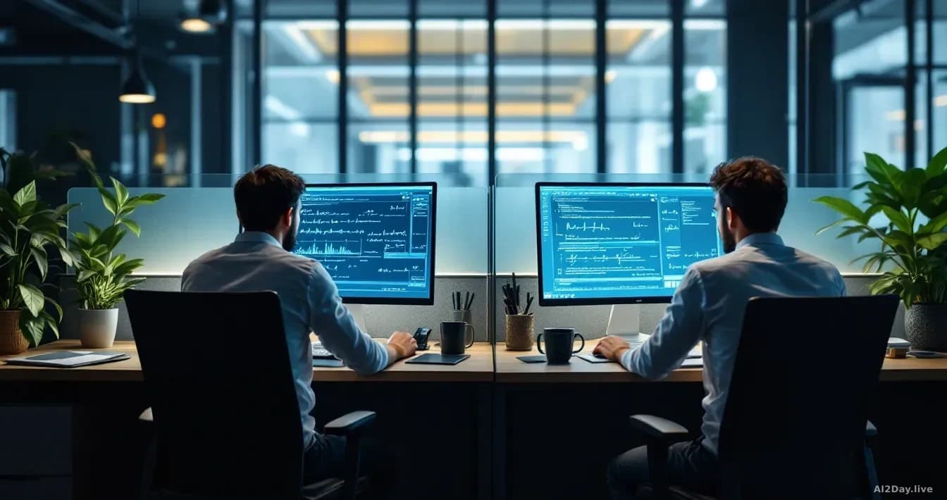 Two separate workstations in different offices with researchers studying complex mathematical equations on their screens, separated by a partition suggesting pa