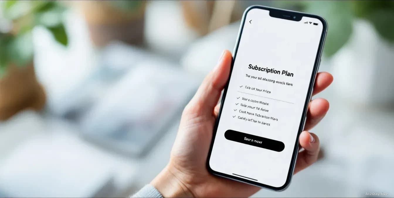 A user's hand holding a smartphone displaying subscription plan pricing tiers with small fine-print text barely visible at the bottom, set against a minimalist 
