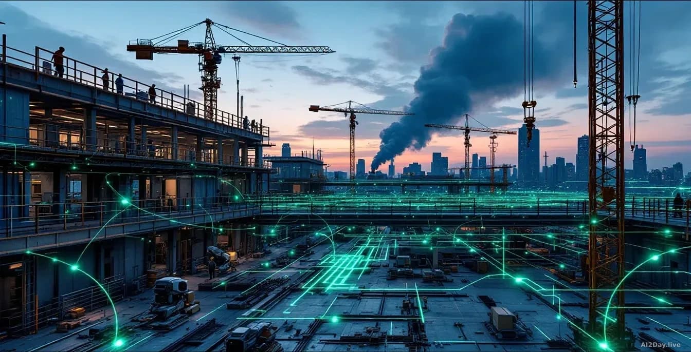 A construction site at dusk with autonomous robotic machinery on the ground floor and workers visible on an upper level, surrounded by an abstract network of gl