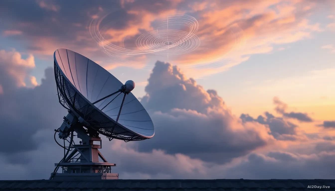 A satellite dish array on a rooftop receiving signals against a cloudy sky at dawn, with weather radar patterns subtly visible in the atmospheric layers above