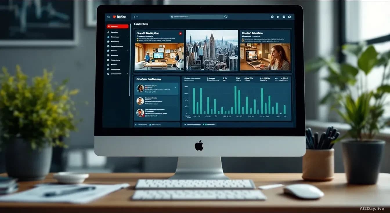 A computer workstation showing a content moderation dashboard with flagged advertisements and removal timelines displayed, regulatory documents on the desk near