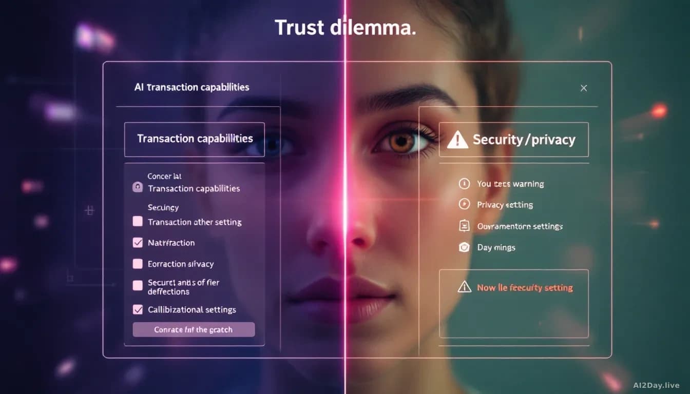 A split-screen showing an AI agent interface with transaction capabilities on one side and security/privacy setting warnings on the other, illustrating the trus