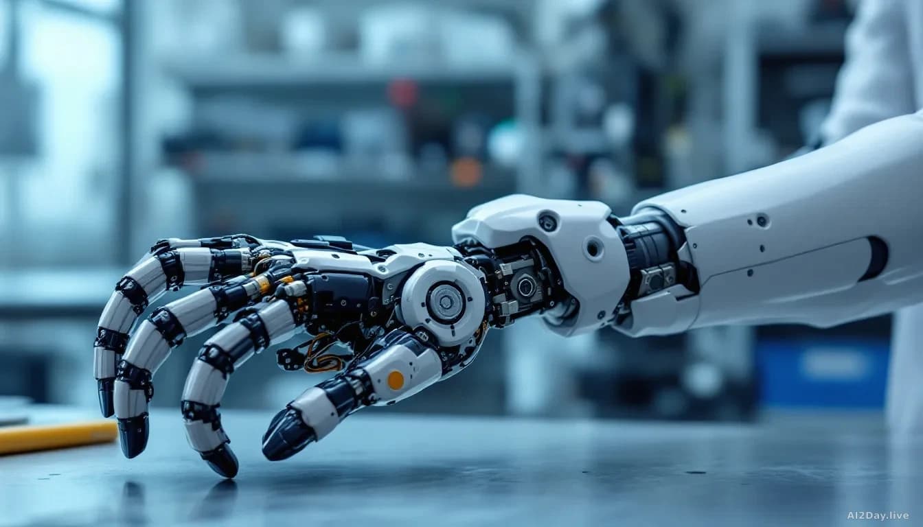 A robotics laboratory workbench showing a humanoid robot's articulated wrist and hand assembly with exposed motors, sensors, and safety mechanisms being tested